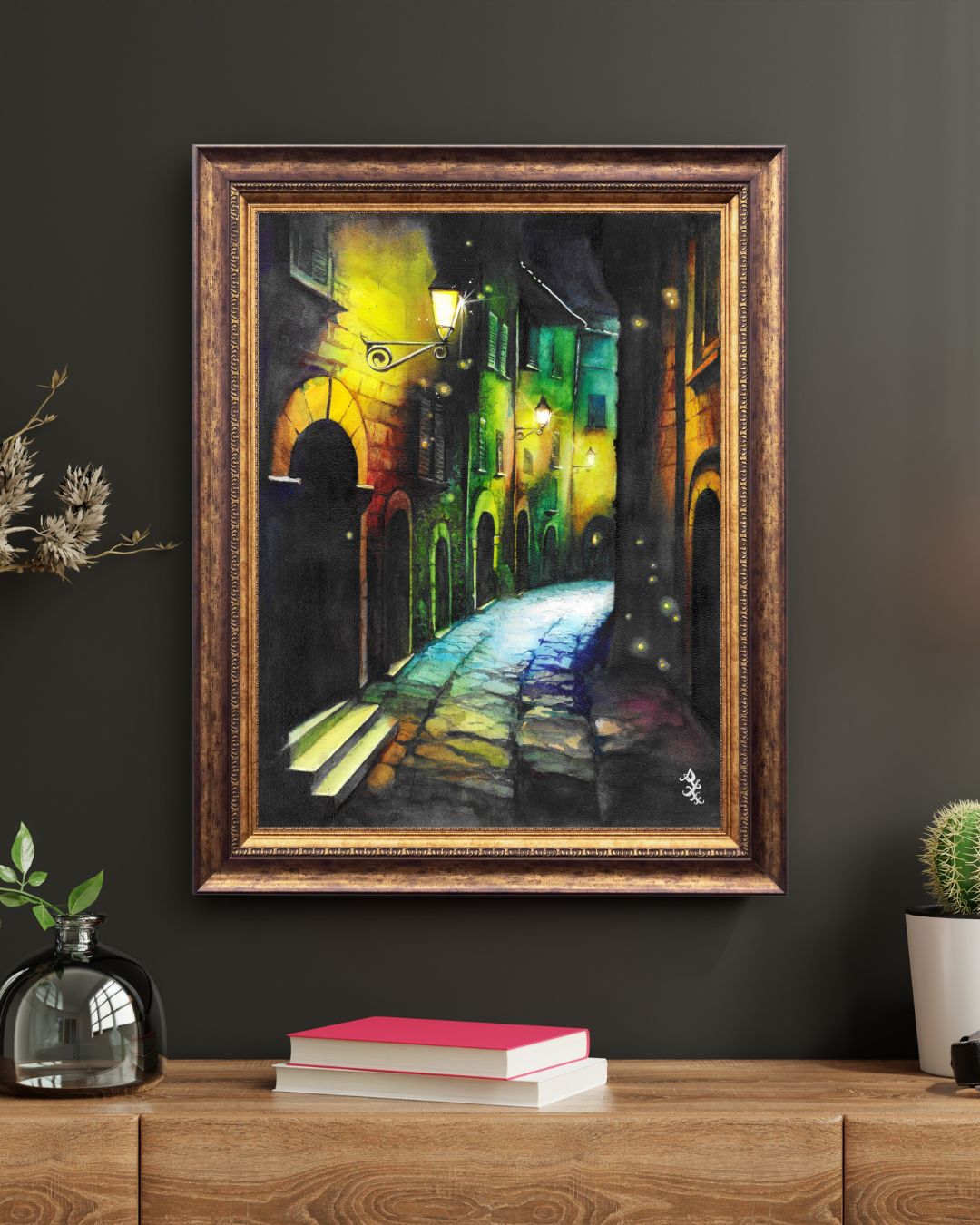 The piece titled "Alley" vividly captures the enchanting ambiance of a medieval town’s narrow alleyway on a lazy summer night. Soft beams from flickering fire lamps and glowing street lamps bathe the cobblestone path in a warm, golden light, creating a tranquil and almost magical atmosphere.&nbsp;