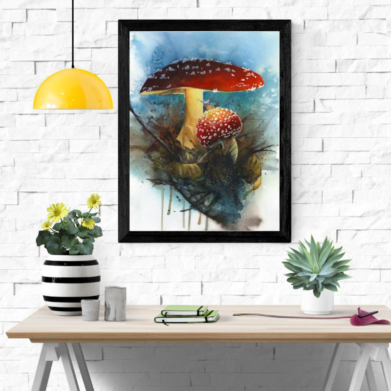 Illustration of two mushrooms with a red cap and white spots on a textured background. Amanita Watercolor painting by Sophie Xie Dream In Watercolor. This stunning painting is available as a print on my website, http://www.dreaminwatercolor.com