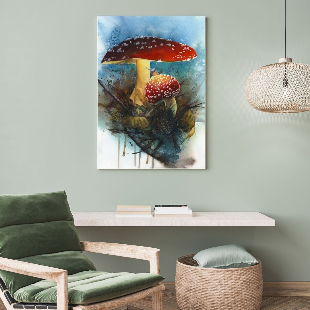 Illustration of two mushrooms with a red cap and white spots on a textured background. Amanita Watercolor painting by Sophie Xie Dream In Watercolor. This stunning painting is available as a print on my website, http://www.dreaminwatercolor.com