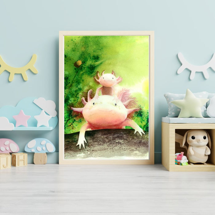 The artwork entitled "Axolotls: Mom and Me" features a vibrant and whimsical watercolor painting that captures the  an adult axolotl and a playful young one curiously peeking over log. Watercolor painting by Sophie Xie Dream In Watercolor dreaminwatercolor.com