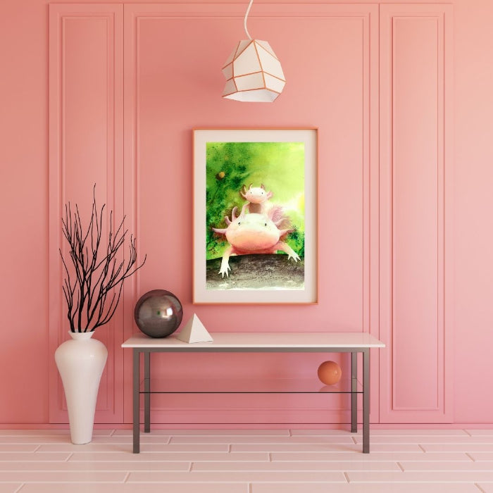 The artwork entitled "Axolotls: Mom and Me" features a vibrant and whimsical watercolor painting that captures the  an adult axolotl and a playful young one curiously peeking over log. Watercolor painting by Sophie Xie Dream In Watercolor dreaminwatercolor.com