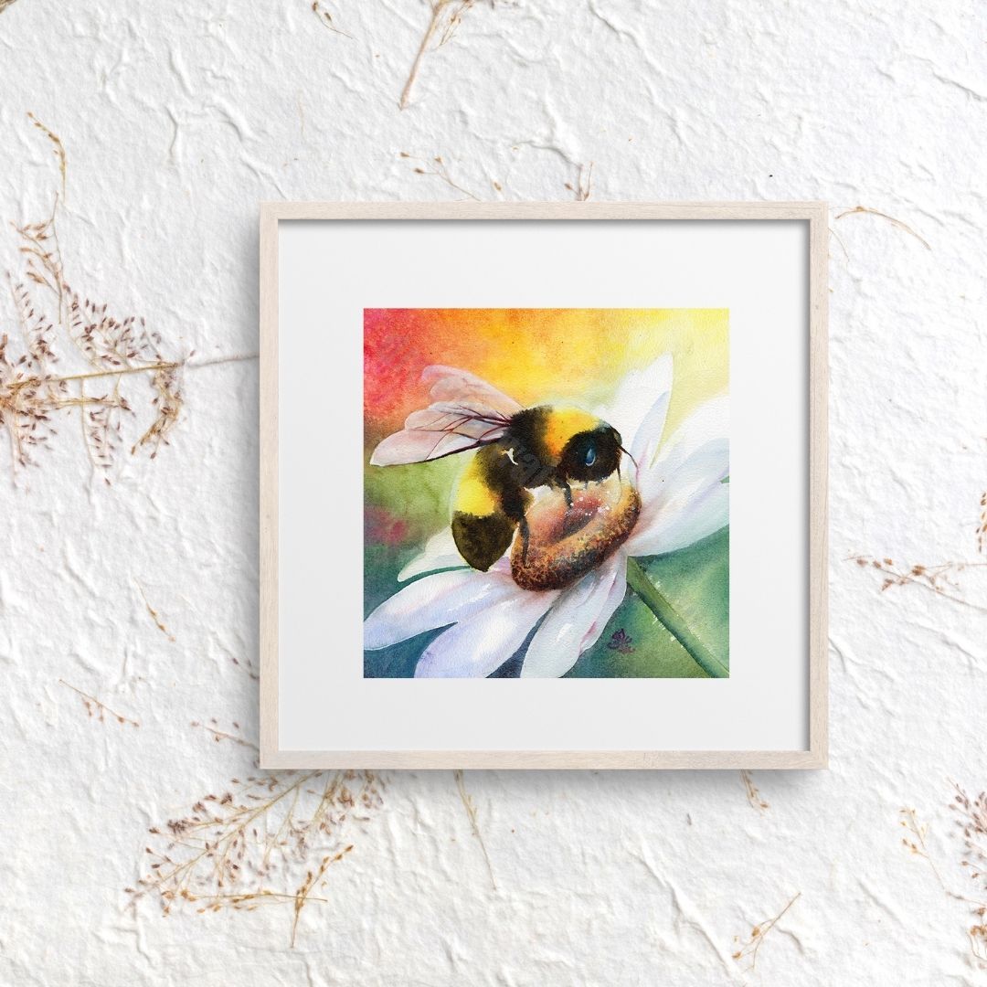 Bee Happy Bumble Bee painting part of dream and light collection Watercolor painting by Sophie Xie Dream In Watercolor. This stunning painting is available as a print on my website, http://www.dreaminwatercolor.com