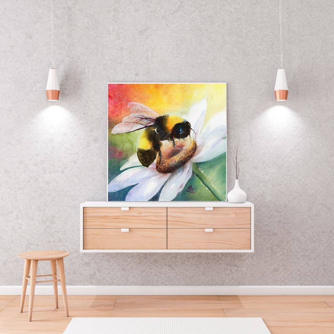 Bee Happy Bumble Bee painting part of dream and light collection Watercolor painting by Sophie Xie Dream In Watercolor. This stunning painting is available as a print on my website, http://www.dreaminwatercolor.com