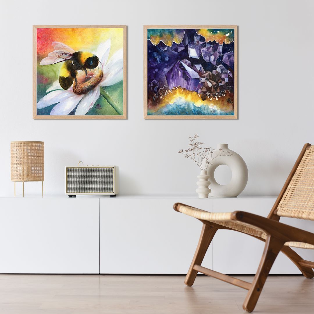 Bee Happy and Geode Dream light collection Watercolor painting by Sophie Xie Dream In Watercolor This stunning painting is available as a print on my website, http://www.dreaminwatercolor.com
