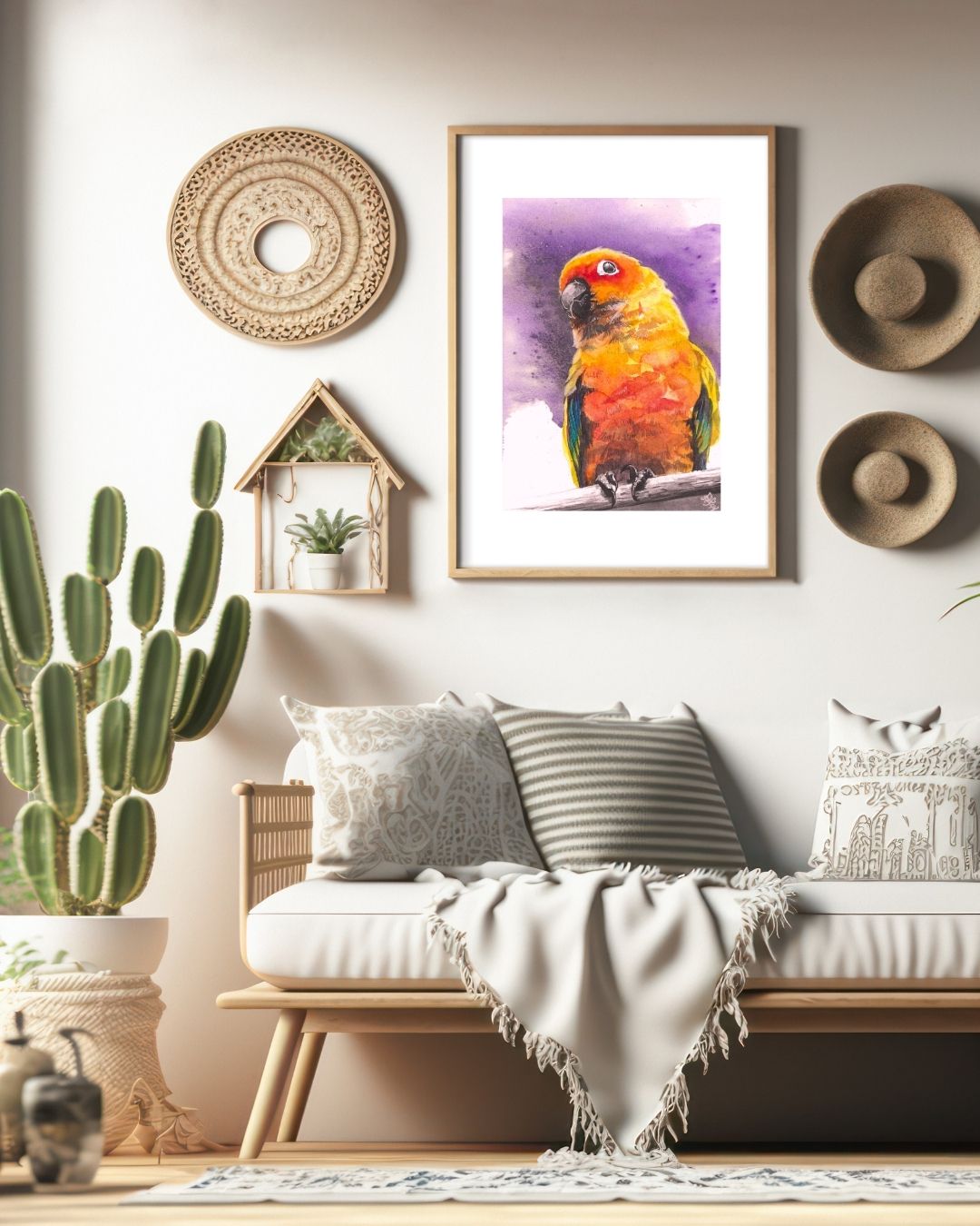 The "bird" painting vividly captures a curious parrot, its vibrant feathers displaying a stunning array of colors. The playful expression on the bird's face invites viewers to share in its wonder, making for a delightful and engaging artwork.