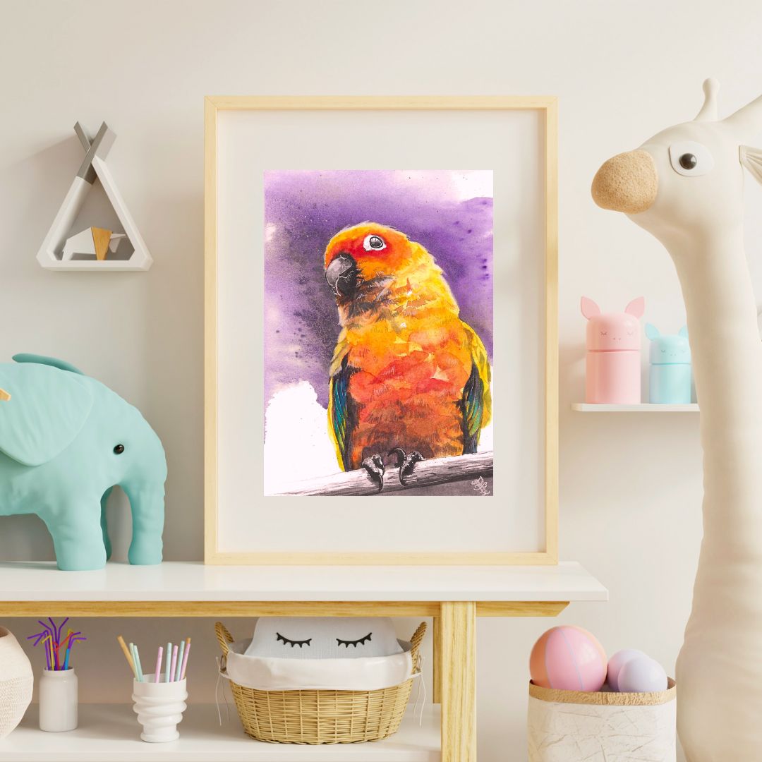 The "bird" painting vividly captures a curious parrot, its vibrant feathers displaying a stunning array of colors. The playful expression on the bird's face invites viewers to share in its wonder, making for a delightful and engaging artwork.