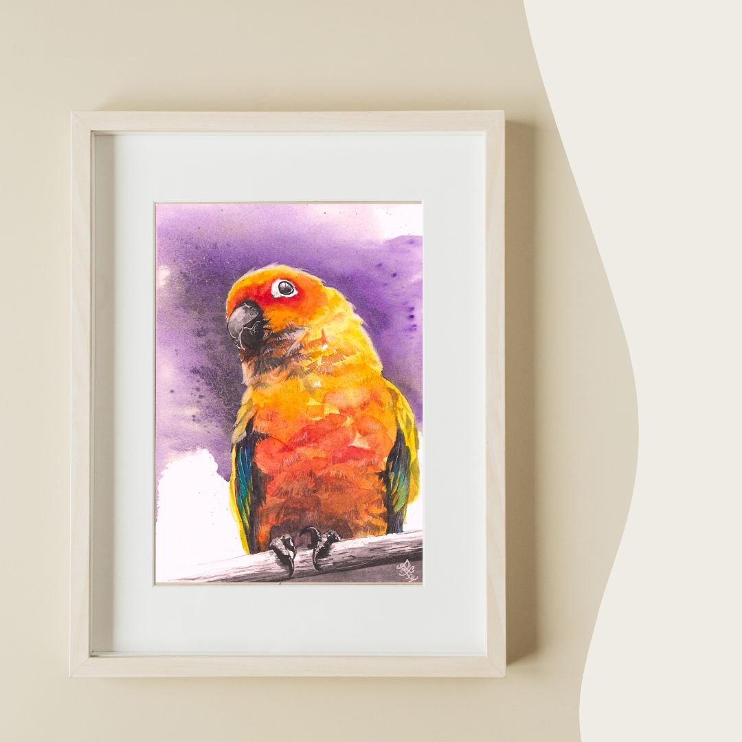 The "bird" painting vividly captures a curious parrot, its vibrant feathers displaying a stunning array of colors. The playful expression on the bird's face invites viewers to share in its wonder, making for a delightful and engaging artwork.
