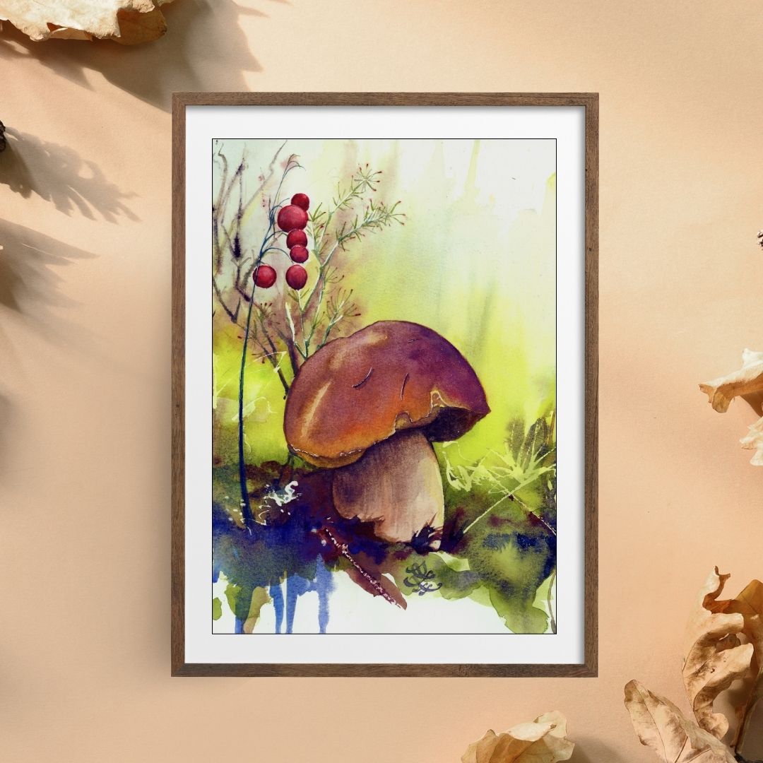 Bolete / penny bun mushroom Watercolor painting by Sophie Xie Dream In Watercolor. This stunning painting is available as a print on my website, http://www.dreaminwatercolor.com