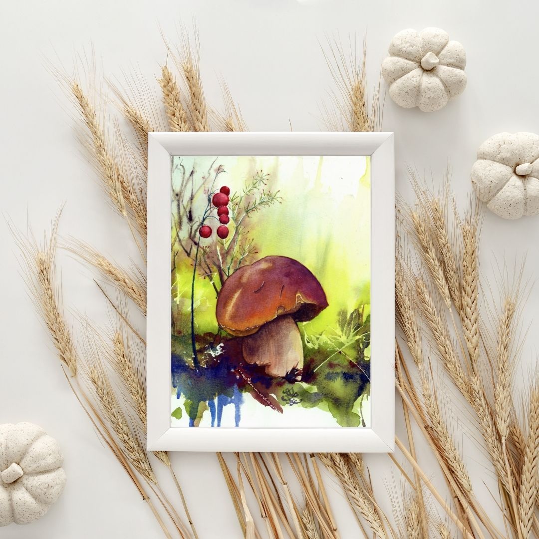 Bolete / penny bun mushroom Watercolor painting by Sophie Xie Dream In Watercolor. This stunning painting is available as a print on my website, http://www.dreaminwatercolor.com