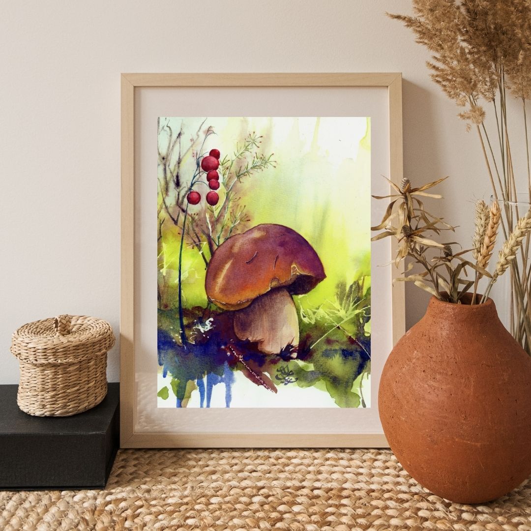 Bolete / penny bun mushroom Watercolor painting by Sophie Xie Dream In Watercolor. This stunning painting is available as a print on my website, http://www.dreaminwatercolor.com