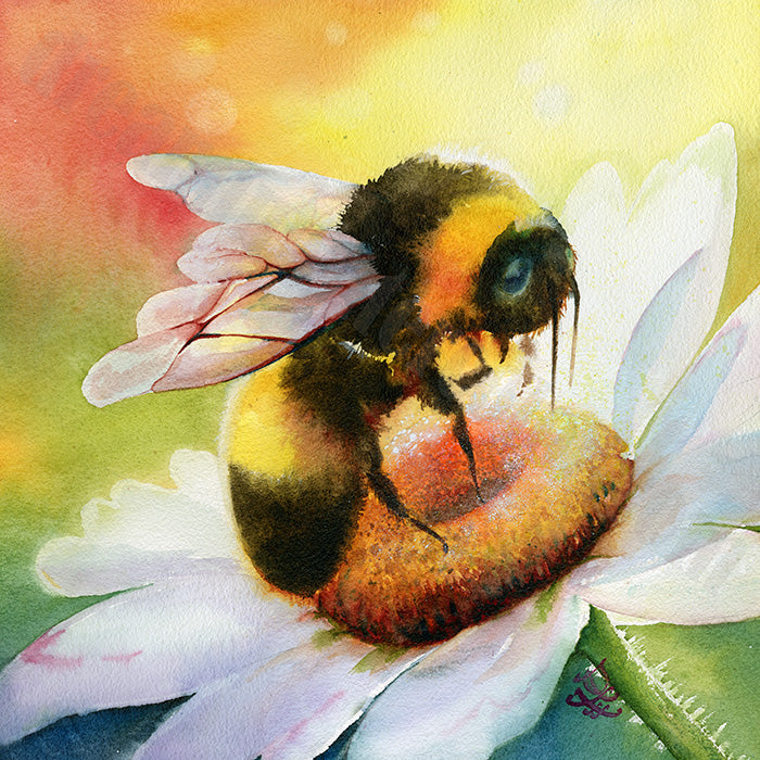 Bee Happy Bumble Bee painting part of dream and light collection Watercolor painting by Sophie Xie Dream In Watercolor. This stunning painting is available as a print on my website, http://www.dreaminwatercolor.com
