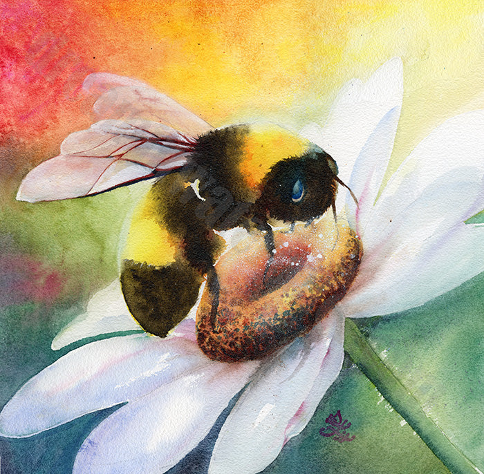 Bee Happy Bumble Bee painting part of dream and light collection Watercolor painting by Sophie Xie Dream In Watercolor. This stunning painting is available as a print on my website, http://www.dreaminwatercolor.com