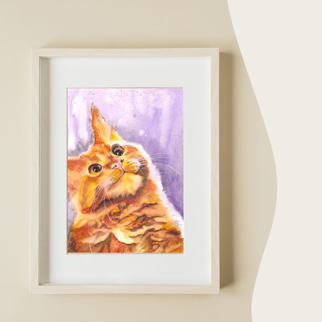 The "Cat" painting portrays an inquisitive feline, its wide eyes sparkling with wonder as it watches delicate snowflakes drifting softly from the sky.