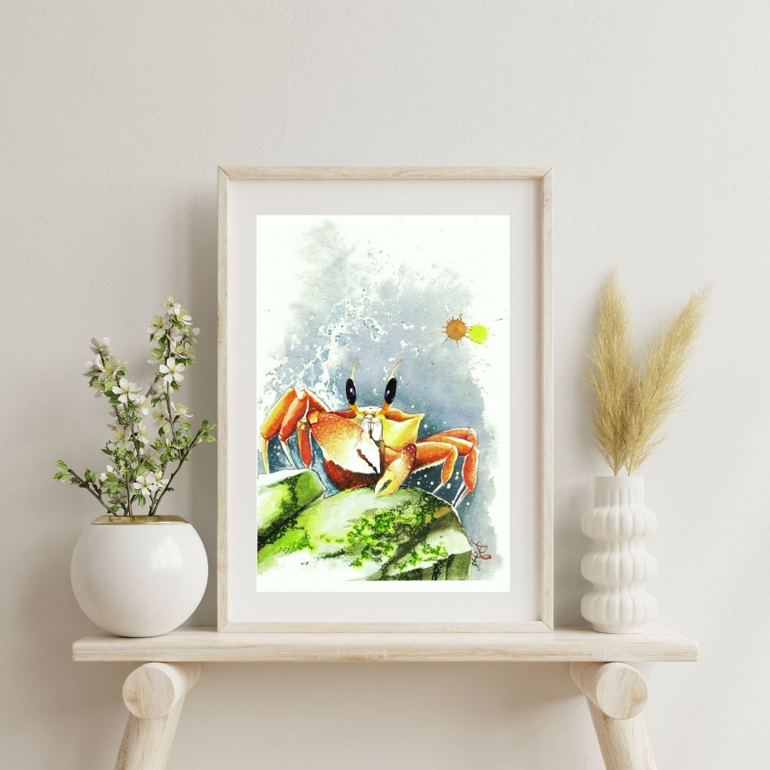 The " Crab " artwork beautifully captures a lively ocean critter that has just scaled a vibrant, moss-covered rock. As the waves crash and splash around it, the crab perches triumphantly on its new vantage point.