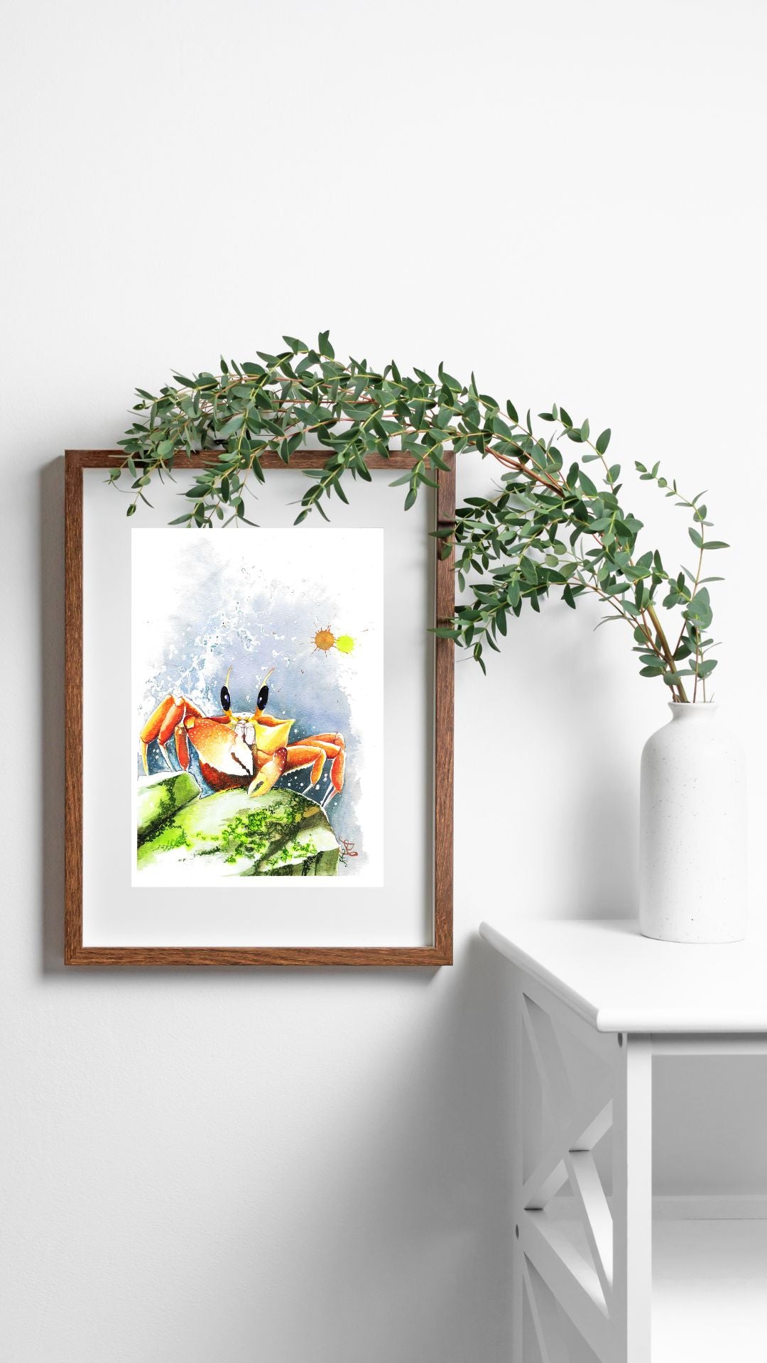 The " Crab " artwork beautifully captures a lively ocean critter that has just scaled a vibrant, moss-covered rock. As the waves crash and splash around it, the crab perches triumphantly on its new vantage point.