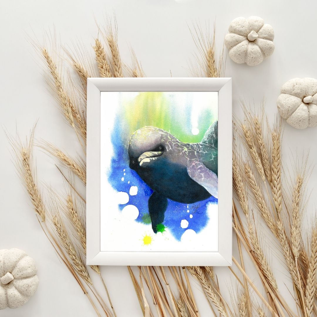 The artwork titled "Dolphin" vividly captures a whimsical, child-like dolphin gracefully diving into the shimmering blue depths of the ocean. With its expressive eyes directed toward the viewer, the dolphin exudes a sense of playful curiosity, inviting us to share in its underwater adventure.&nbsp;