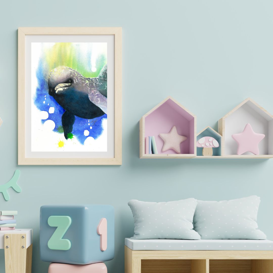 The artwork titled "Dolphin" vividly captures a whimsical, child-like dolphin gracefully diving into the shimmering blue depths of the ocean. With its expressive eyes directed toward the viewer, the dolphin exudes a sense of playful curiosity, inviting us to share in its underwater adventure.&nbsp;