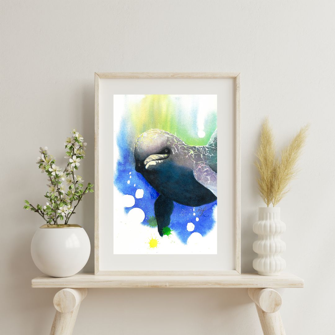 The artwork titled "Dolphin" vividly captures a whimsical, child-like dolphin gracefully diving into the shimmering blue depths of the ocean. With its expressive eyes directed toward the viewer, the dolphin exudes a sense of playful curiosity, inviting us to share in its underwater adventure.&nbsp;