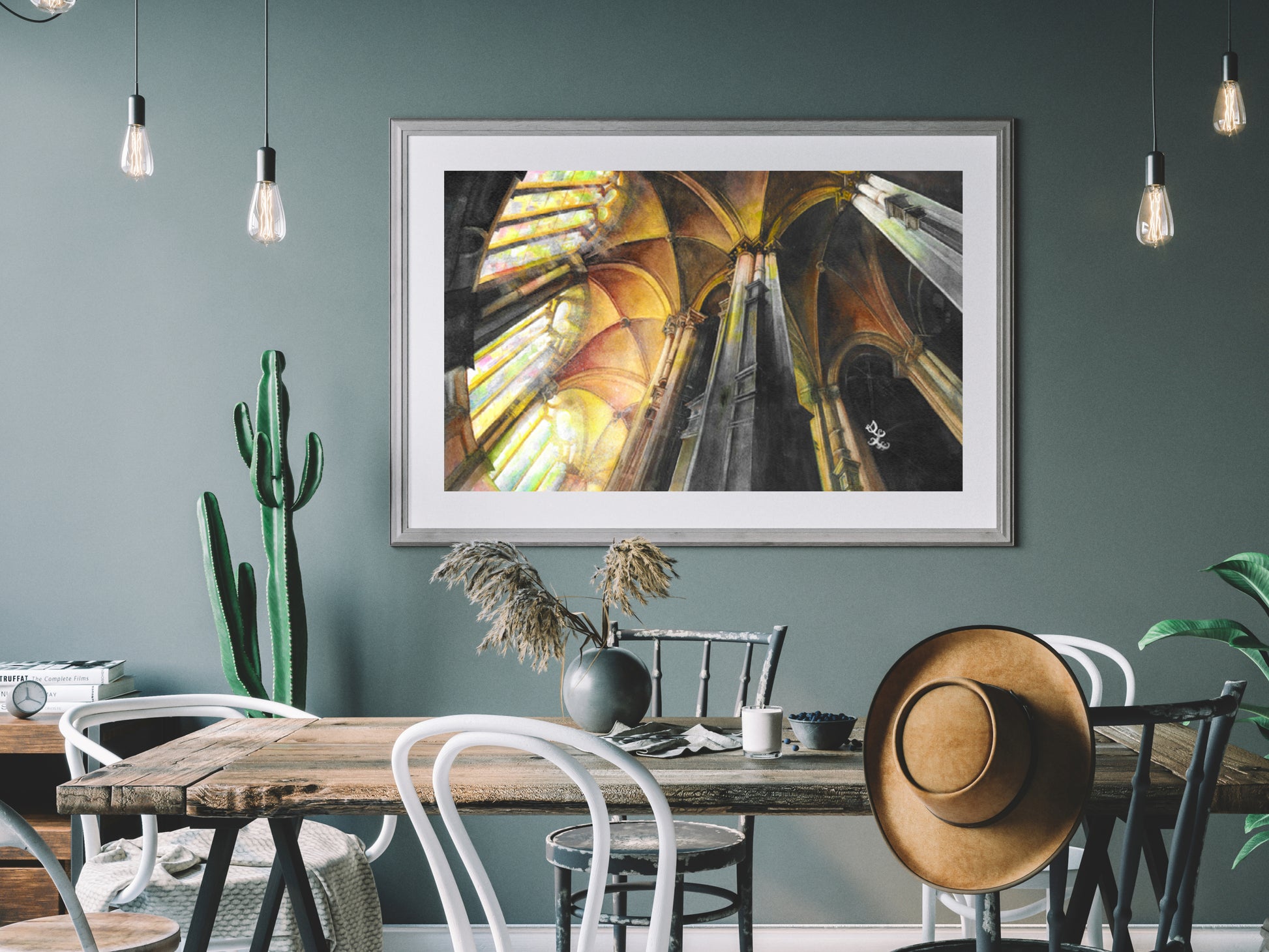 The artwork titled "Glory" captures the striking and intricate architecture of a medieval Gothic cathedral. Majestic spires and detailed stonework rise toward the sky, while vibrant light filters through the colorful stained glass windows, casting a kaleidoscope of hues across the interior. This interplay of architecture and light creates an awe-inspiring atmosphere, evoking a sense of reverence and wonder within the sacred space.