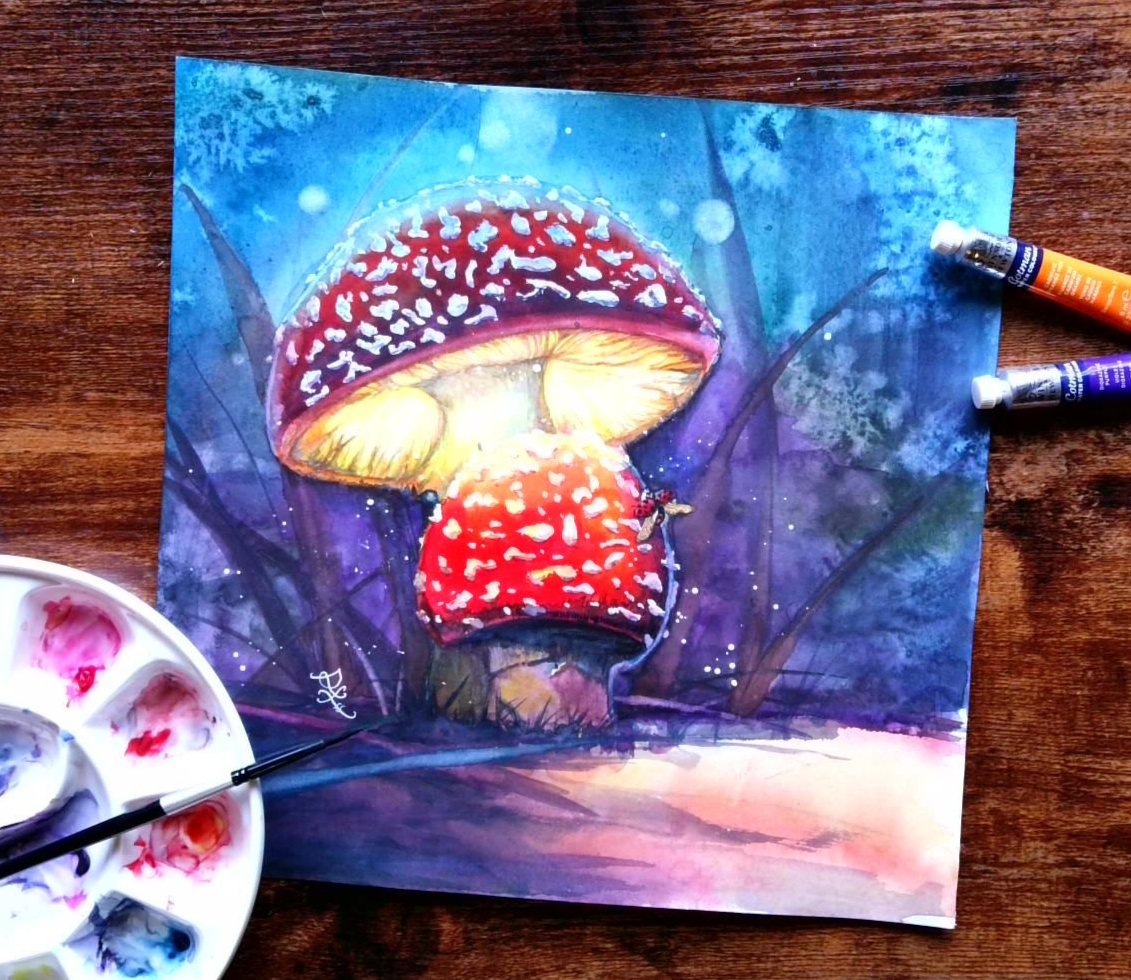 The artwork titled "Glowing Mushroom" captures a captivating fairy tale scene, featuring two charming toadstool mushrooms that emit a soft, mesmerizing glow. Their luminescent caps are painted in vibrant hues, contrasting beautifully with the deepening indigo of the evening sky.