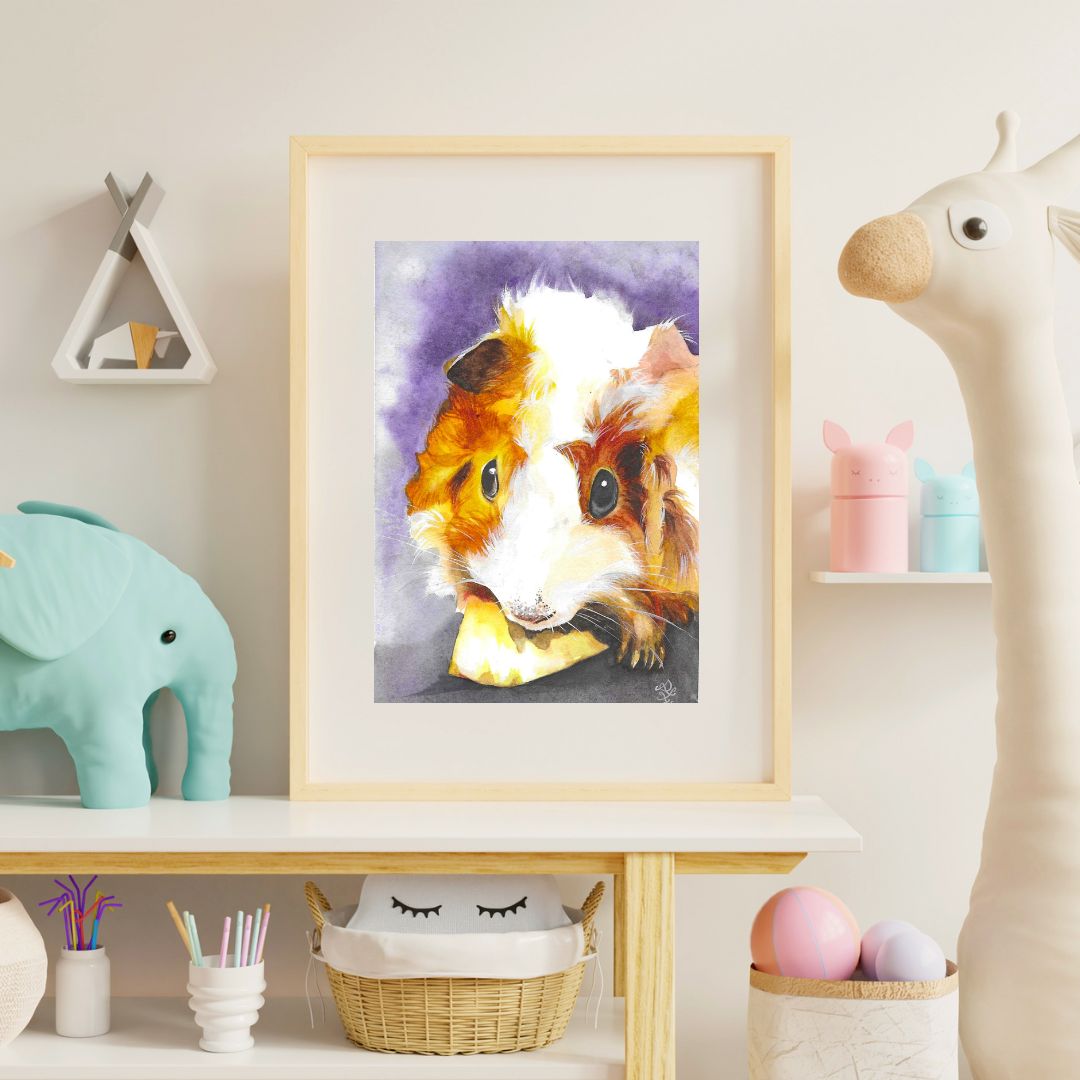 The adorable furry guinea pig curiously nibbles on a piece of cheese, its little nose twitching in delight. With bright, inquisitive eyes, it gazes directly at the viewer, exuding a sense of both charm and determination.