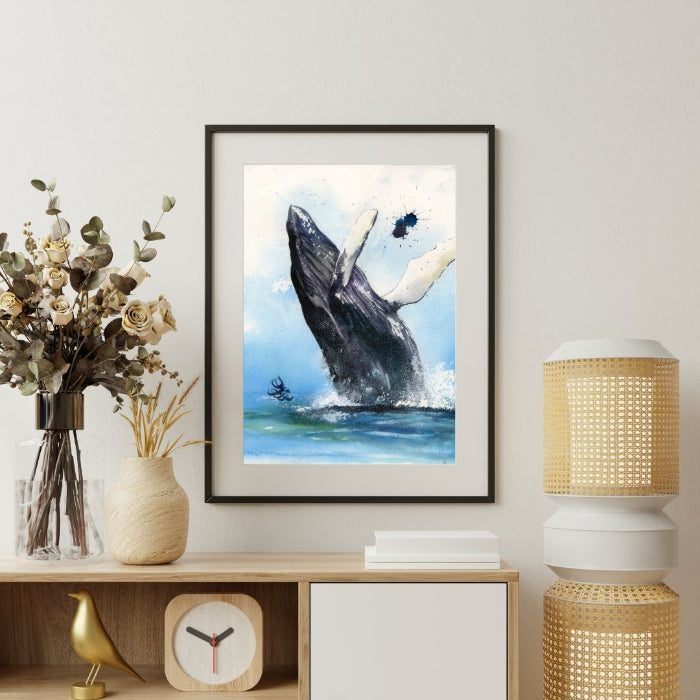 The artwork titled "Humpback Whale" beautifully captures the grandeur of a breaching humpback whale as it gracefully leaps from the ocean's depths, sending a spectacular spray of water cascading around it. Watercolor painting by Sophie Xie Dream In Watercolor. This stunning painting is available as a print on my website, http://www.dreaminwatercolor.com