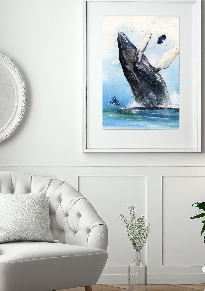 The artwork titled "Humpback Whale" beautifully captures the grandeur of a breaching humpback whale as it gracefully leaps from the ocean's depths, sending a spectacular spray of water cascading around it. Watercolor painting by Sophie Xie Dream In Watercolor. This stunning painting is available as a print on my website, http://www.dreaminwatercolor.com