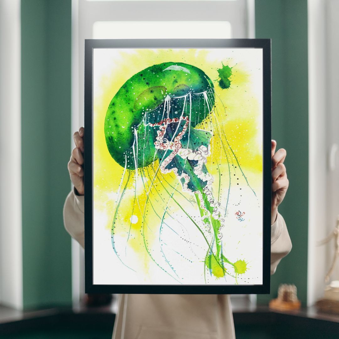 The artwork titled "Jellyfish" showcases a vibrant neon jellyfish that seems to float in mid-air, its delicate tentacles swirling and twisting in a mesmerizing dance. The luminous colors create an enchanting glow, illuminating the surrounding space and capturing the ethereal beauty of this graceful creature.&nbsp;