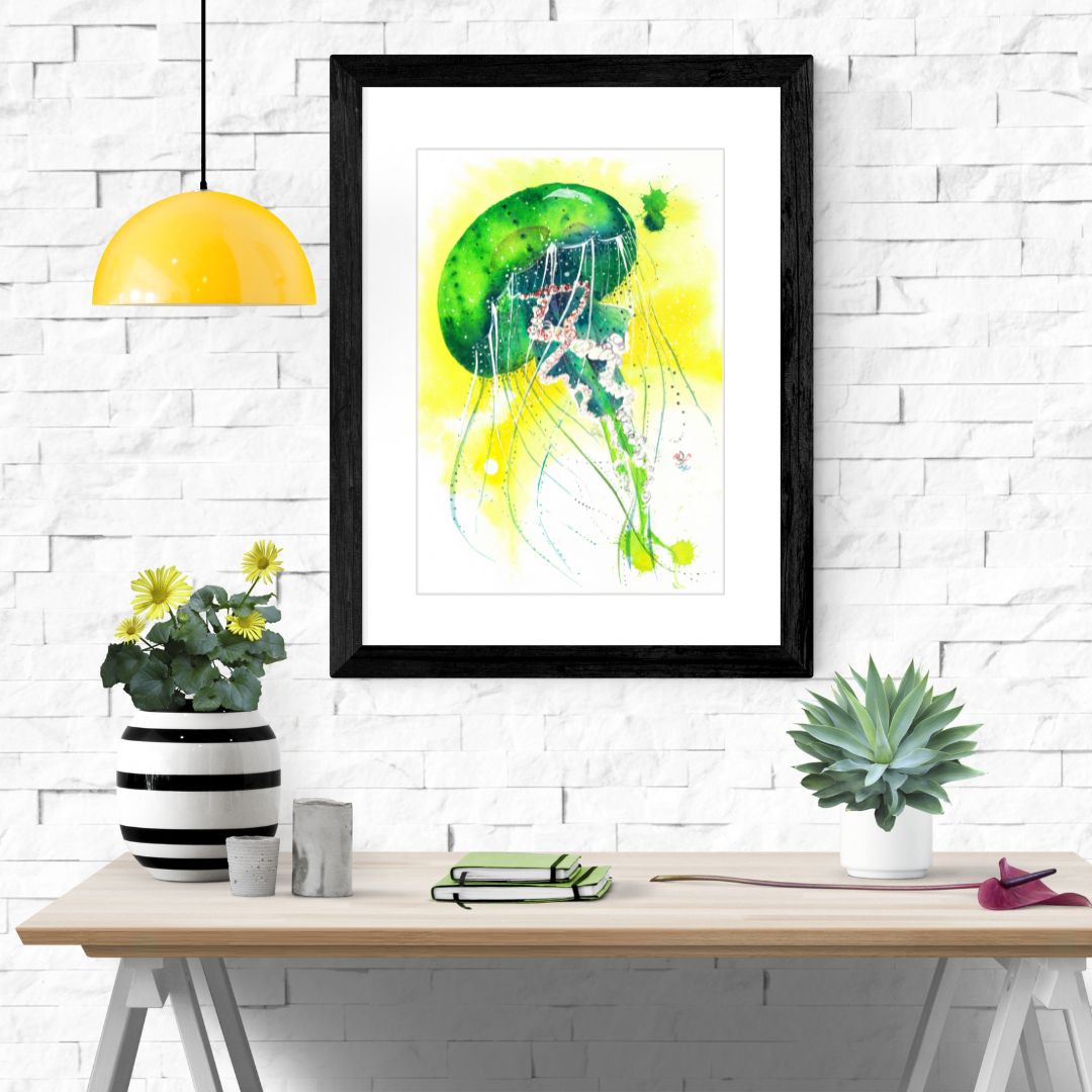 The artwork titled "Jellyfish" showcases a vibrant neon jellyfish that seems to float in mid-air, its delicate tentacles swirling and twisting in a mesmerizing dance. The luminous colors create an enchanting glow, illuminating the surrounding space and capturing the ethereal beauty of this graceful creature.&nbsp;