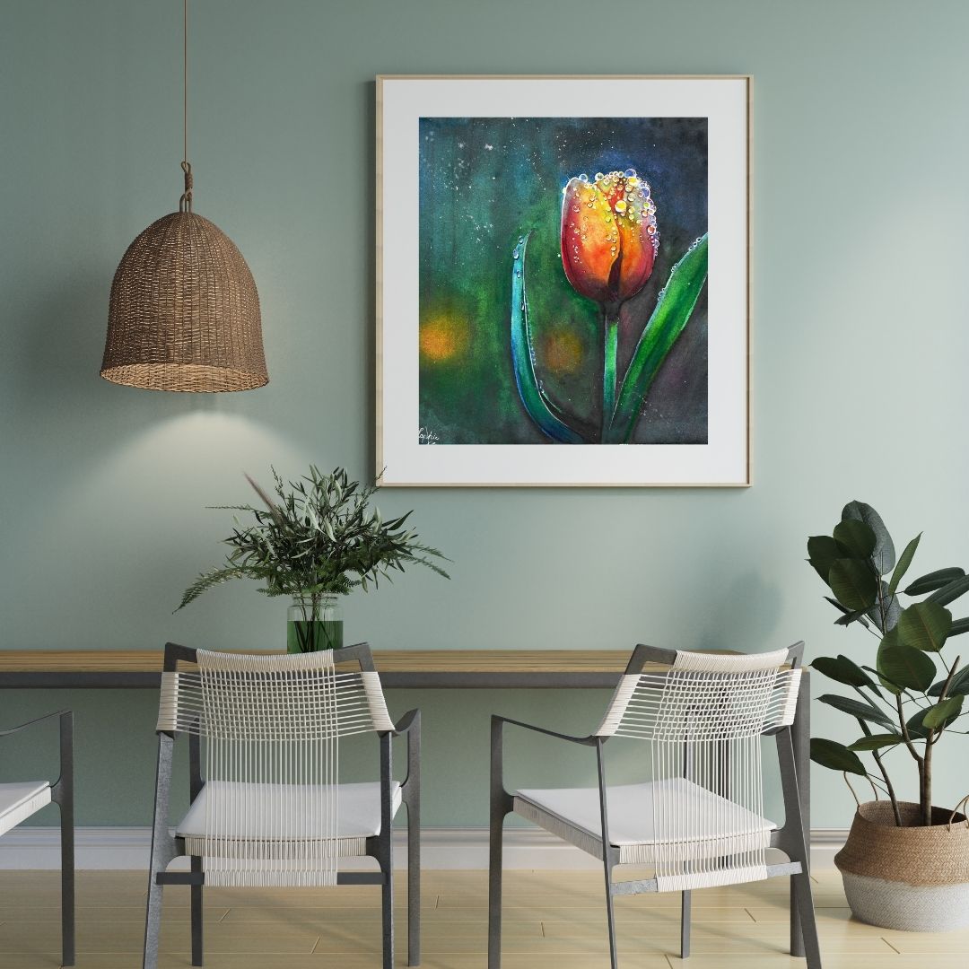 The artwork titled "Tulip" beautifully captures a half-bloomed tulip, its delicate petals unfolding gracefully. The flower is adorned with shimmering raindrops that cling to its surface, reflecting light and creating a sparkling effect that enhances the vibrant hues of the petals. The scene evokes a sense of freshness and vitality, celebrating the beauty of nature in a single moment.
