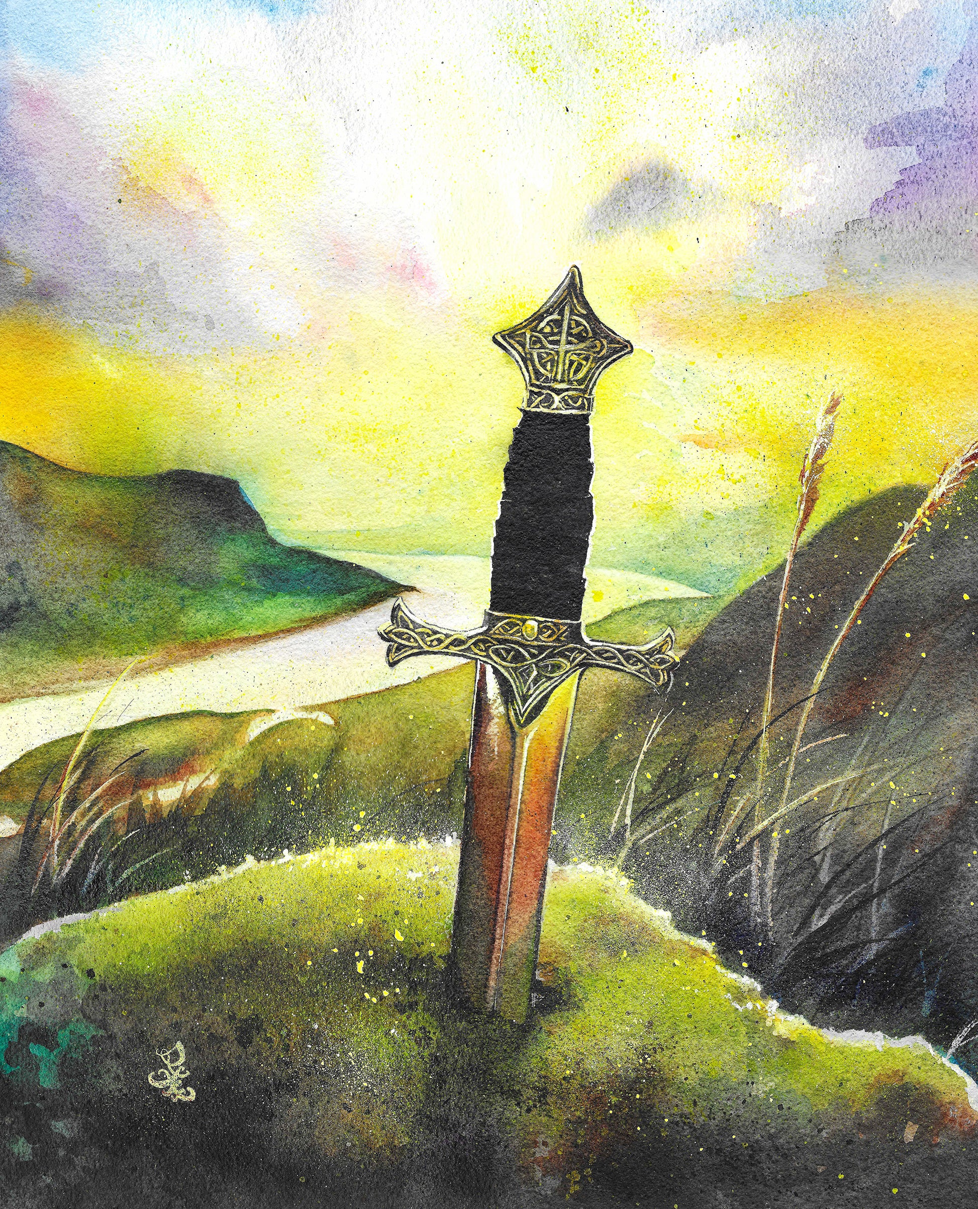 The artwork titled "Legend" portrays a mesmerizing medieval scene, where a magnificent sword is firmly embedded in a weathered stone, symbolizing the strength and destiny of a future ruler. The sword, gleaming in the fading light, rises boldly on a windswept hill, its blade catching the last rays of sunlight. Below, the kingdom stretches out, bathed in golden hues as the sun dips below the horizon, casting a warm glow over the land, hinting at the legend waiting to be fulfilled.