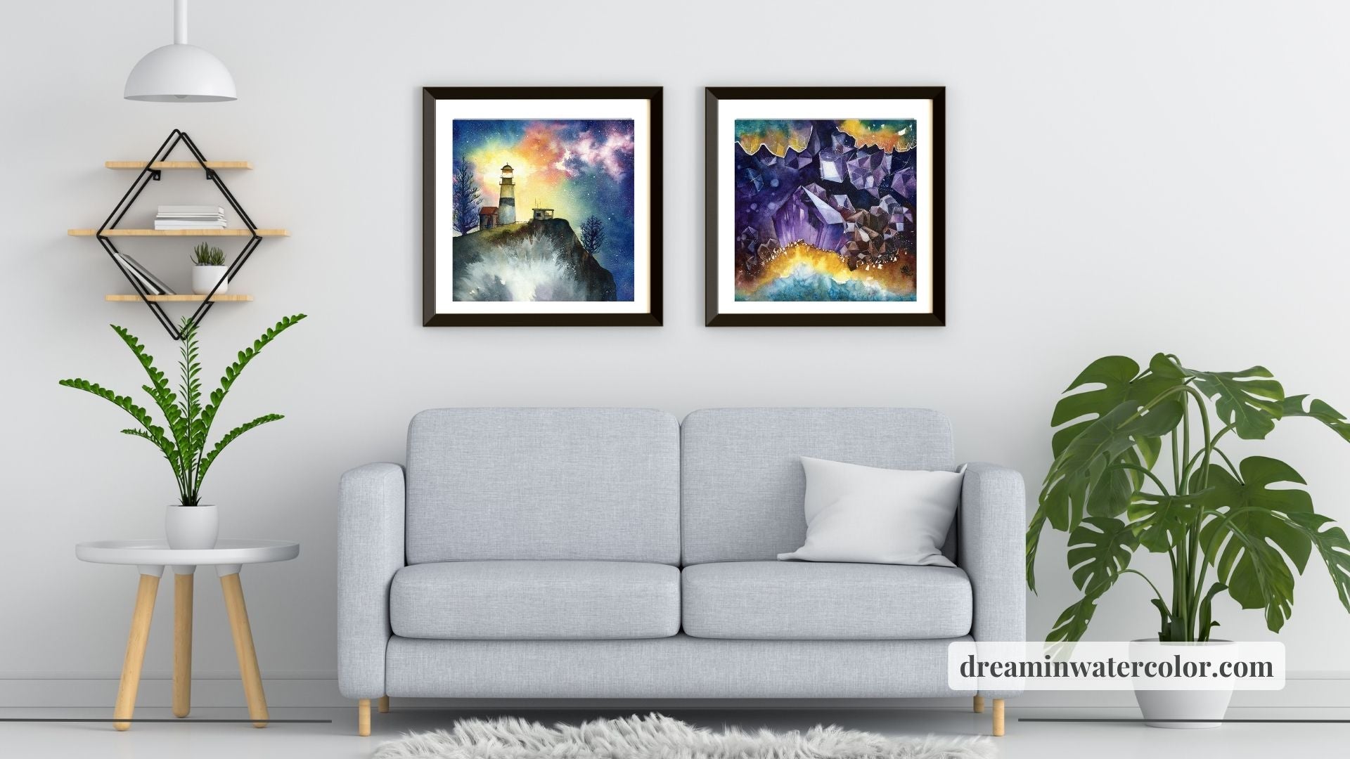 Cape Disappointment Light House and Geode Dream light collection Watercolor painting by Sophie Xie Dream In Watercolor This stunning painting is available as a print on my website, http://www.dreaminwatercolor.com
