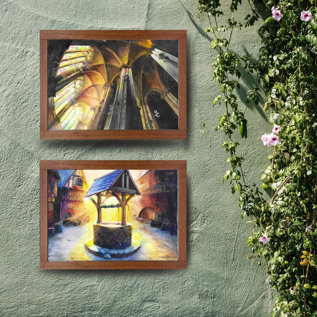 The Medieval Collection features watercolor artworks that evoke a dream-like medieval theme. These pieces are both historically inspired and dramatically beautiful. Most importantly, the art invites viewers to pause and contemplate the story behind each frozen moment in the frame.