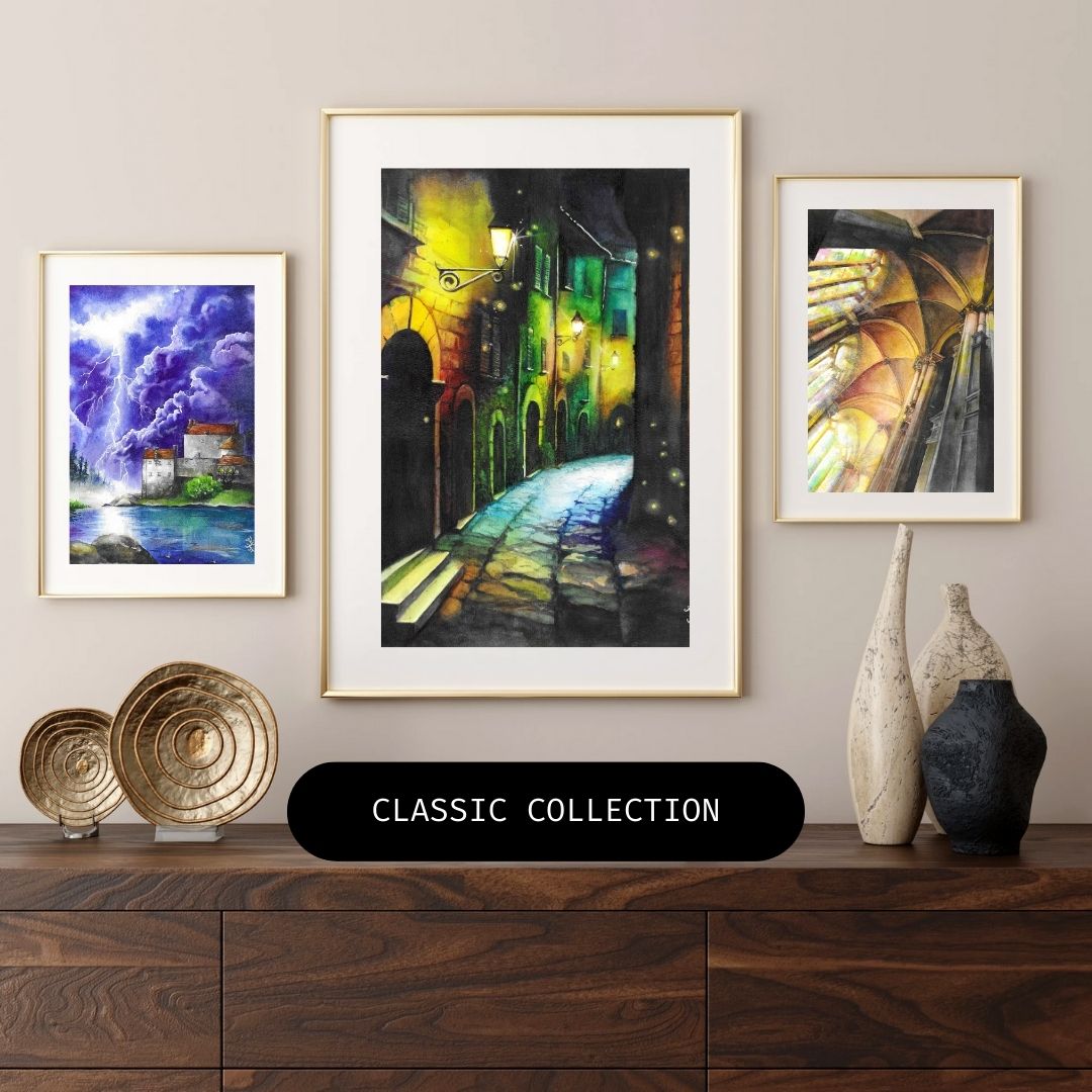 The Medieval Collection features watercolor artworks that evoke a dream-like medieval theme. These pieces are both historically inspired and dramatically beautiful. Most importantly, the art invites viewers to pause and contemplate the story behind each frozen moment in the frame.