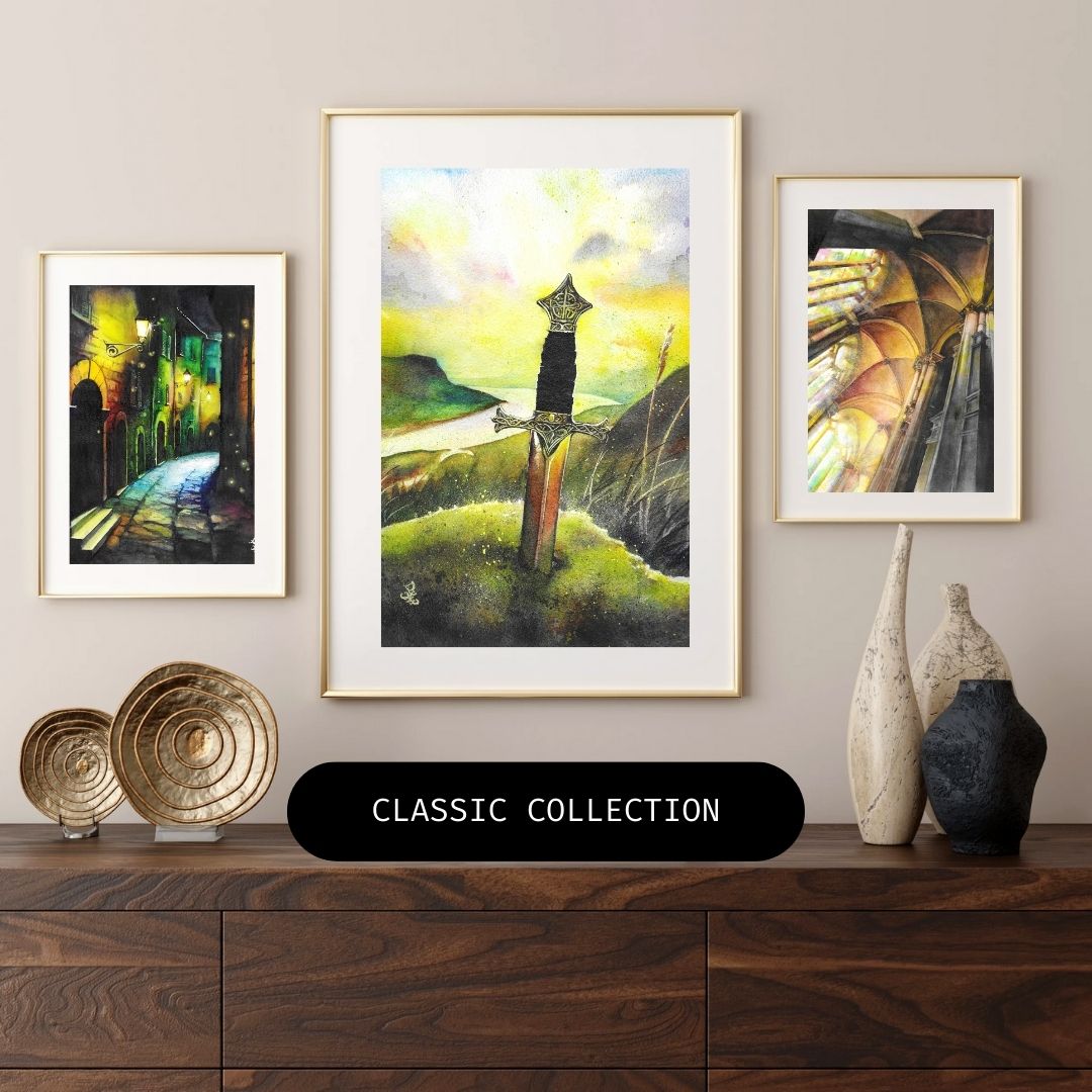 The Medieval Collection features watercolor artworks that evoke a dream-like medieval theme. These pieces are both historically inspired and dramatically beautiful. Most importantly, the art invites viewers to pause and contemplate the story behind each frozen moment in the frame.