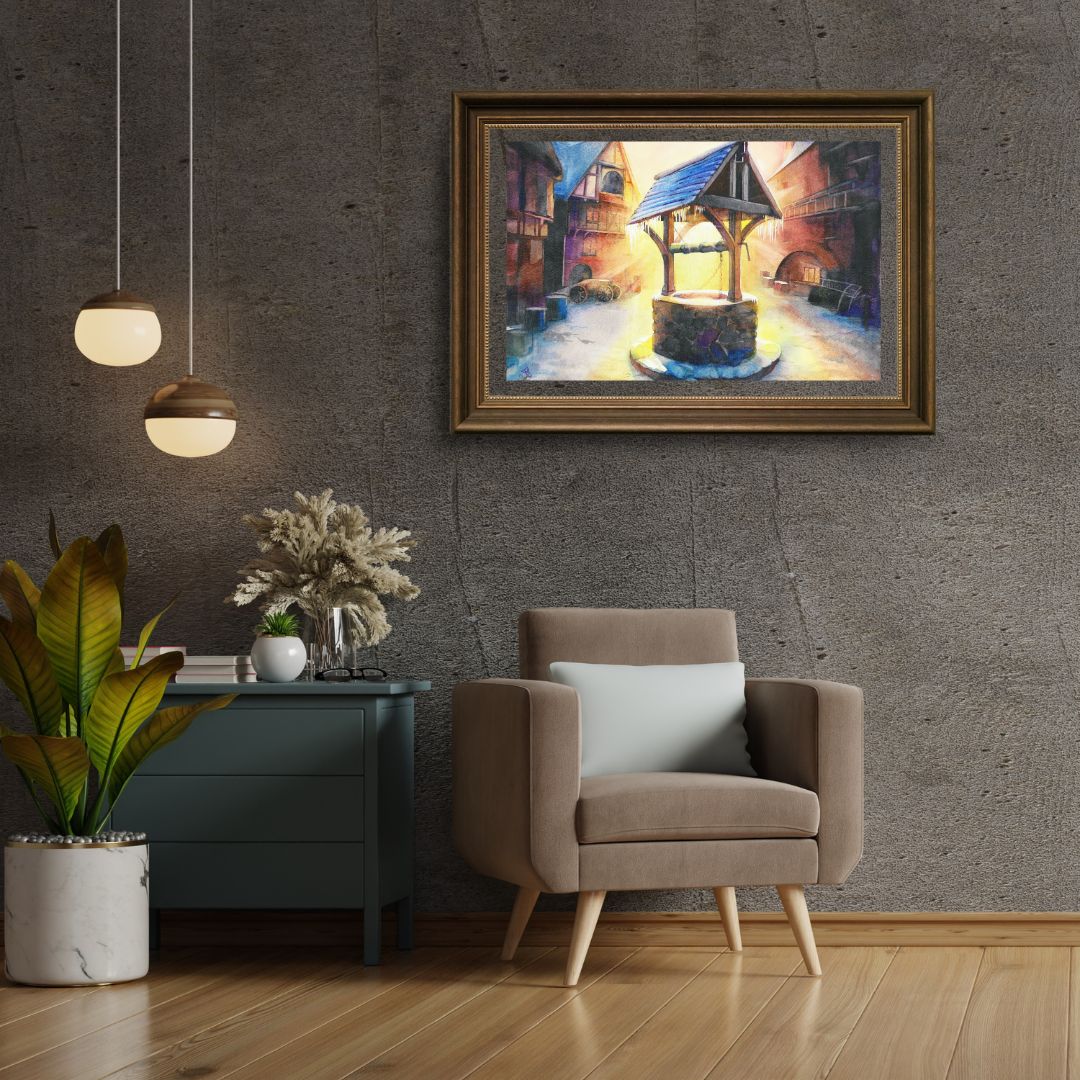The piece titled "Morning" beautifully captures the hopeful sunrise casting a warm golden glow over a quaint medieval town square. As the first rays of sunlight break through the horizon, they illuminate the frosted rooftops and create a shimmering effect on the snow, evoking a sense of tranquility and new beginnings on this wintry morning.