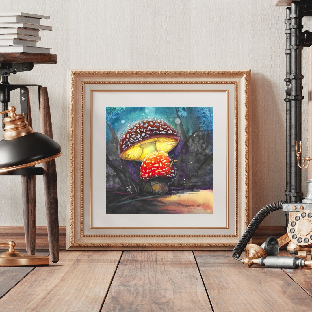 The artwork titled "Glowing Mushroom" captures a captivating fairy tale scene, featuring two charming toadstool mushrooms that emit a soft, mesmerizing glow. Their luminescent caps are painted in vibrant hues, contrasting beautifully with the deepening indigo of the evening sky.
