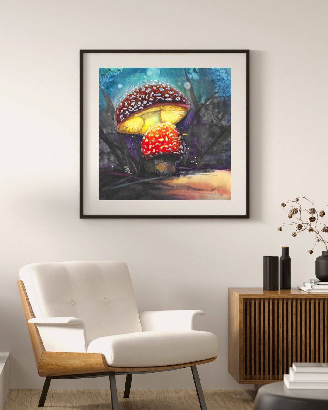 The artwork titled "Glowing Mushroom" captures a captivating fairy tale scene, featuring two charming toadstool mushrooms that emit a soft, mesmerizing glow. Their luminescent caps are painted in vibrant hues, contrasting beautifully with the deepening indigo of the evening sky.
