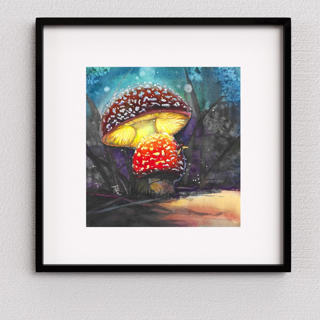 The artwork titled "Glowing Mushroom" captures a captivating fairy tale scene, featuring two charming toadstool mushrooms that emit a soft, mesmerizing glow. Their luminescent caps are painted in vibrant hues, contrasting beautifully with the deepening indigo of the evening sky.