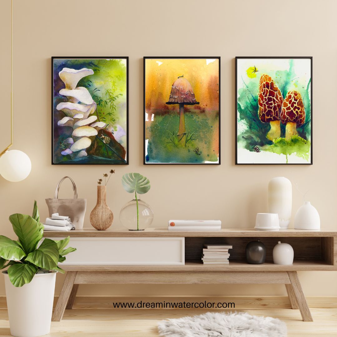 mushroom Watercolor painting by Sophie Xie Dream In Watercolor. This stunning painting is available as a print on my website, http://www.dreaminwatercolor.com