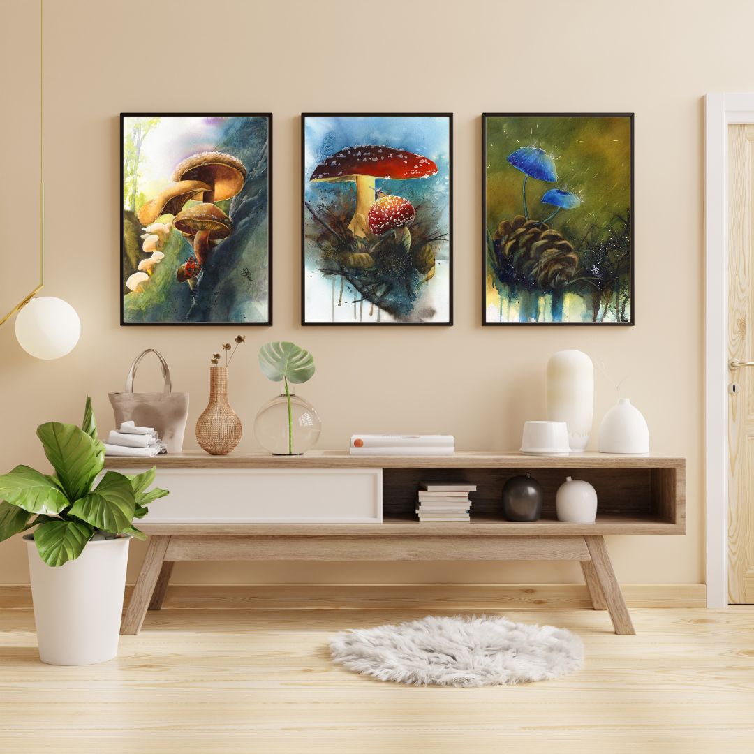 Mushrooms Watercolor painting by Sophie Xie Dream In Watercolor. This stunning painting is available as a print on my website, http://www.dreaminwatercolor.com