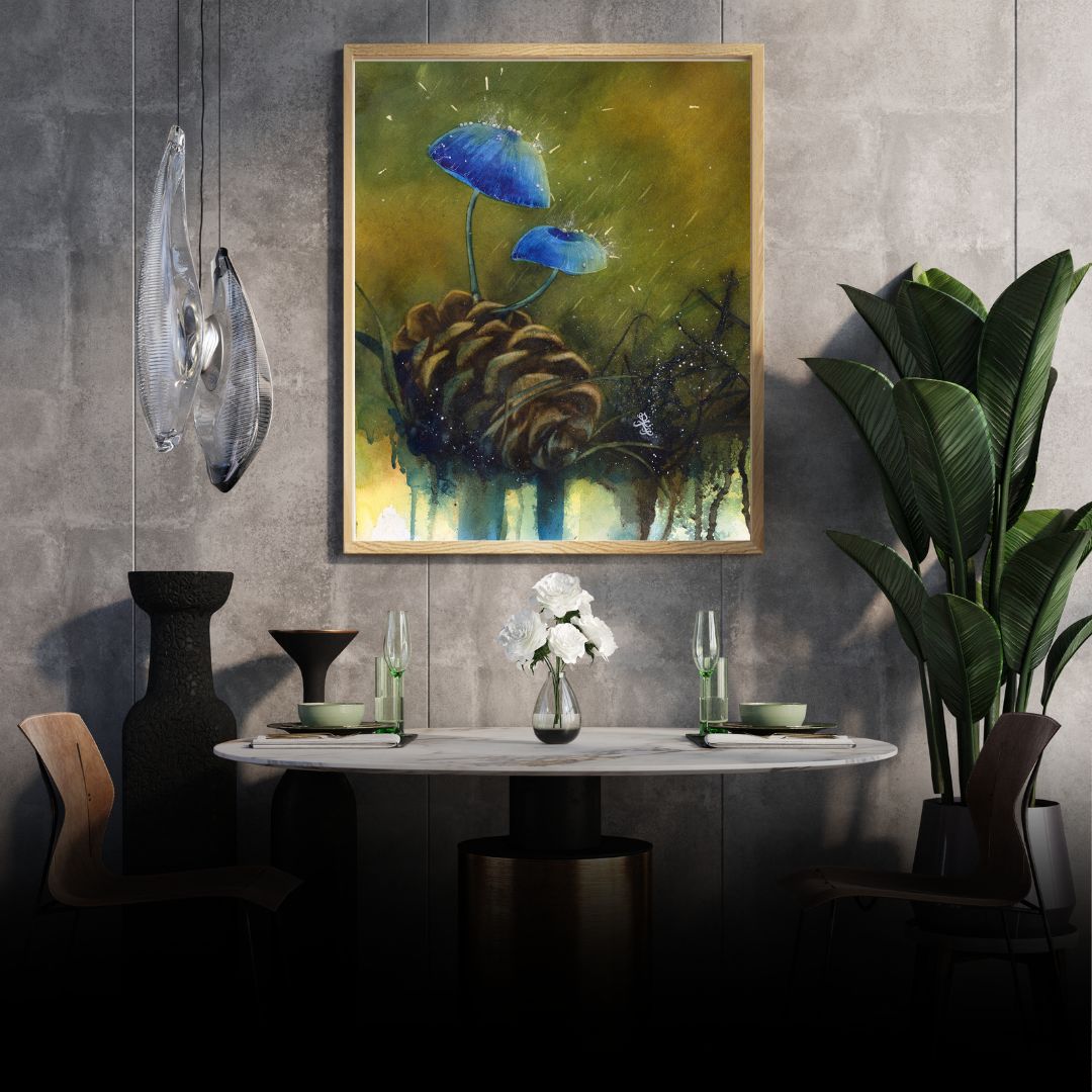 Artistic depiction of blue mushrooms and a pine cone with a watercolor style. Watercolor painting by Sophie Xie Dream In Watercolor. This stunning painting is available as a print on my website, http://www.dreaminwatercolor.com
