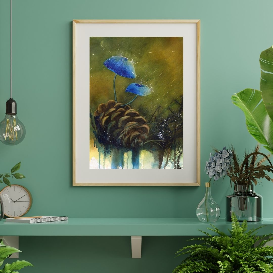 Artistic depiction of blue mushrooms and a pine cone with a watercolor style. Watercolor painting by Sophie Xie Dream In Watercolor. This stunning painting is available as a print on my website, http://www.dreaminwatercolor.com