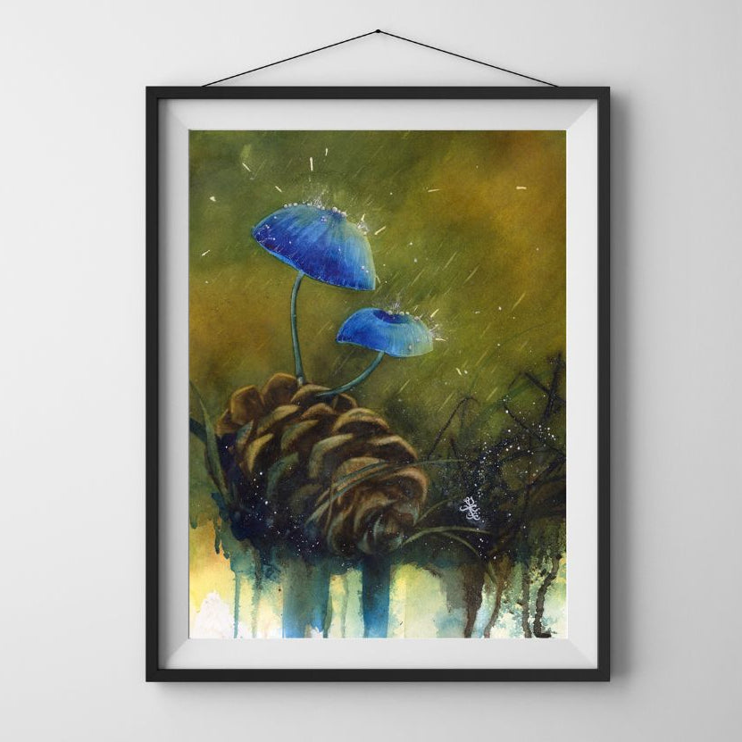 Artistic depiction of blue mushrooms and a pine cone with a watercolor style. Watercolor painting by Sophie Xie Dream In Watercolor. This stunning painting is available as a print on my website, http://www.dreaminwatercolor.com