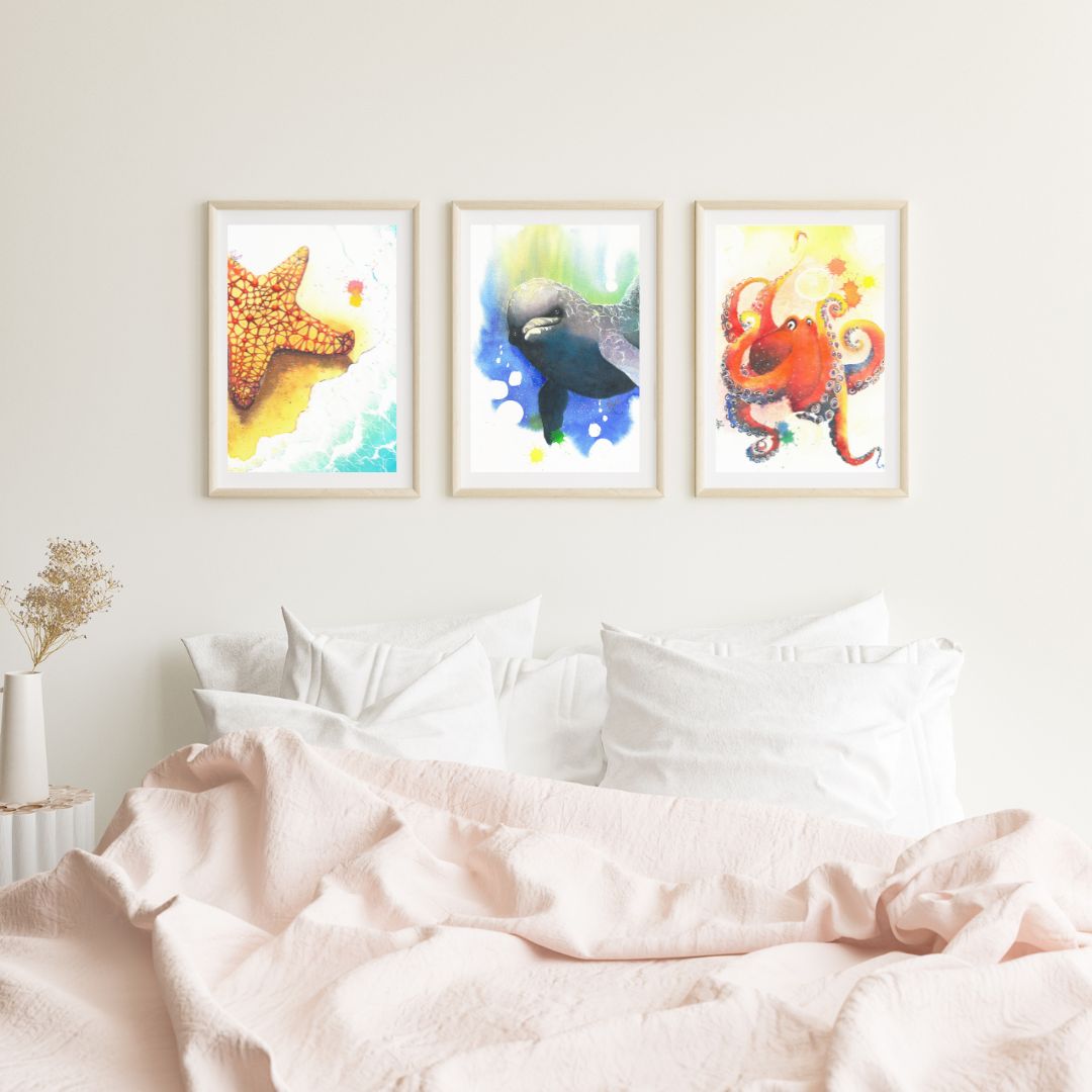 The Ocean Collection features watercolor artworks that illustrate whimsical ocean animals in a variety of color themes.