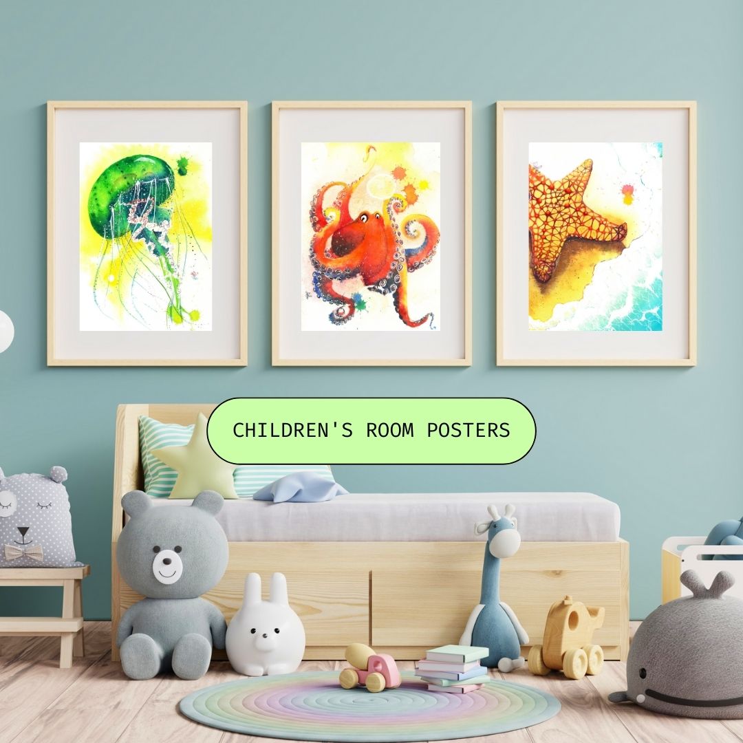 The Ocean Collection features watercolor artworks that illustrate whimsical ocean animals in a variety of color themes.