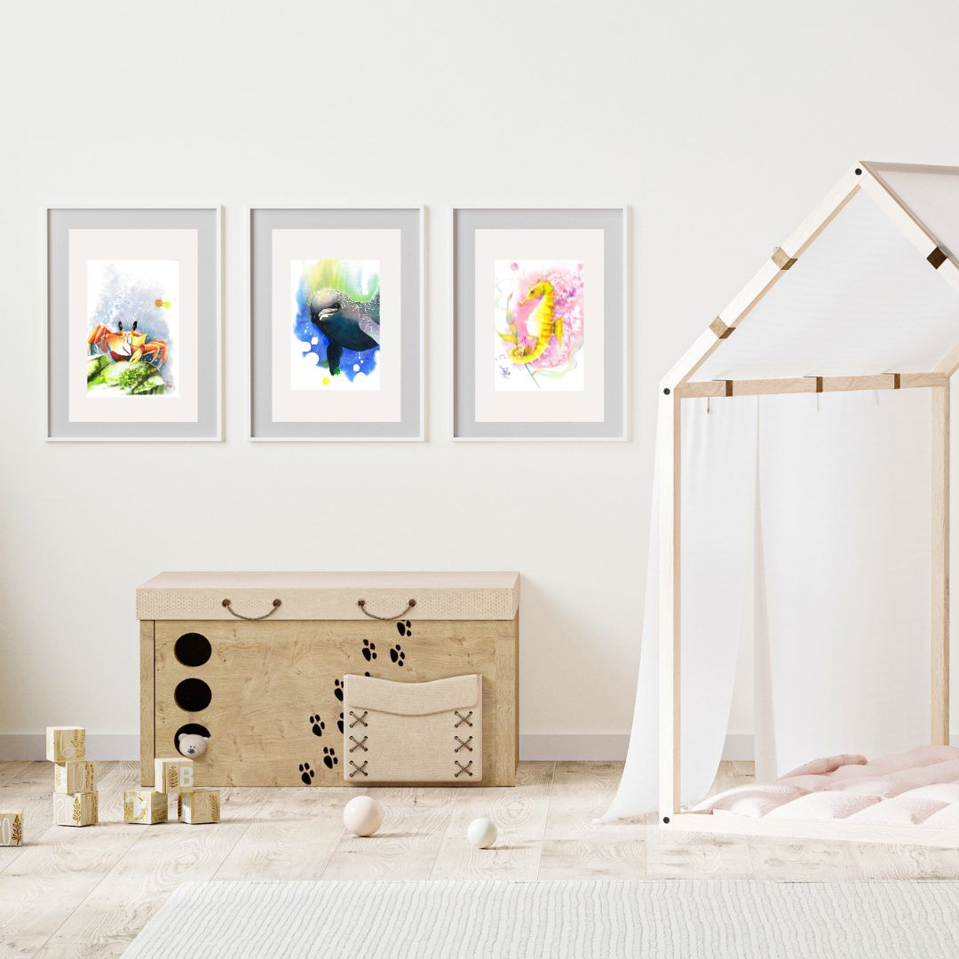The Ocean Collection features watercolor artworks that illustrate whimsical ocean animals in a variety of color themes.