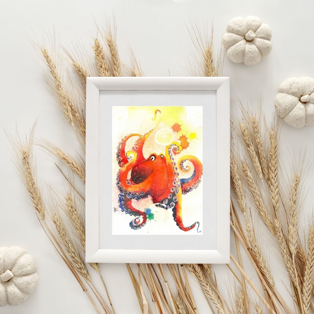 The artwork titled "Octopus" beautifully captures a vibrant orange-red octopus, playfully blowing bubbles. The octopus's limbs are elegantly curled and stretched, adding a sense of movement and liveliness to the piece.&nbsp;