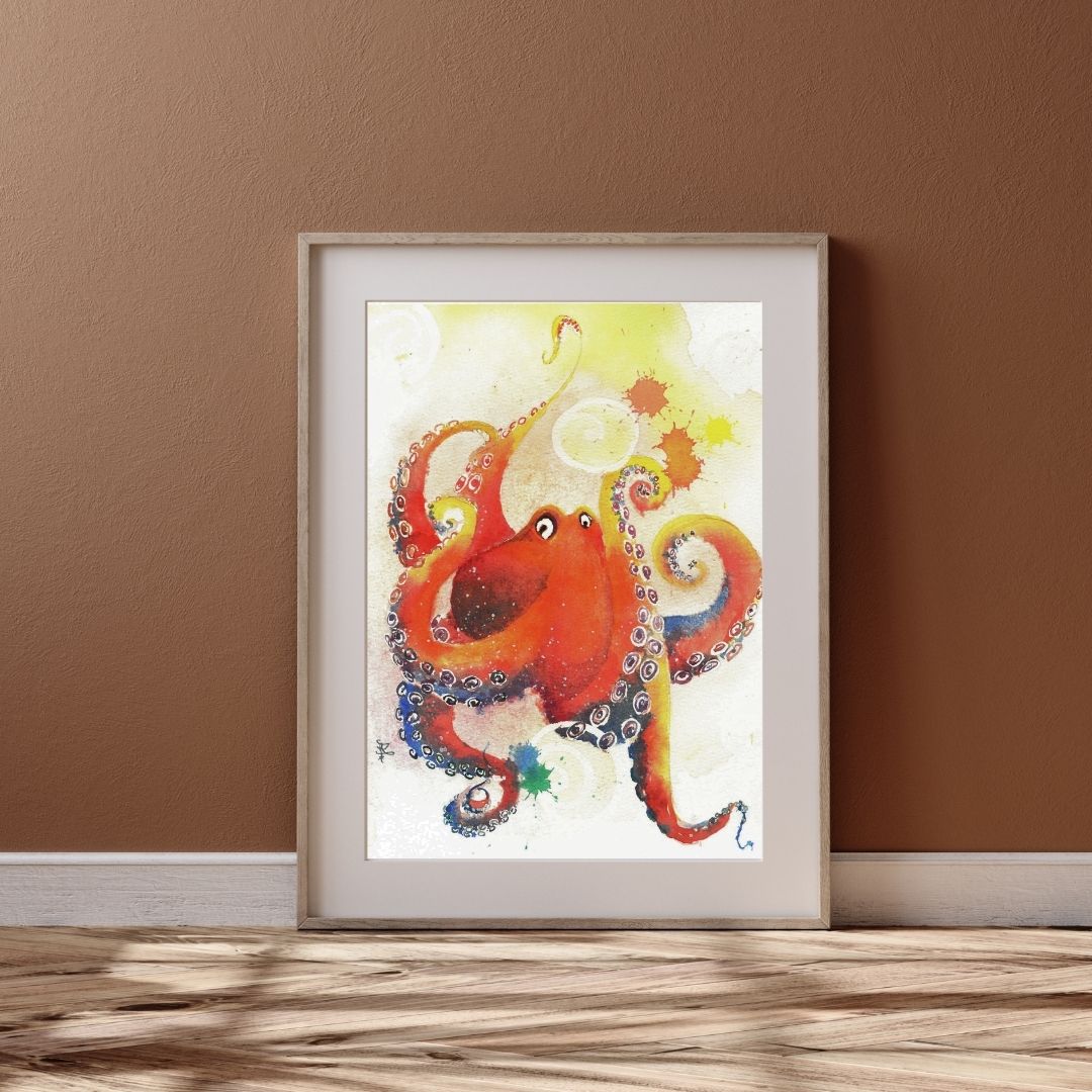 The artwork titled "Octopus" beautifully captures a vibrant orange-red octopus, playfully blowing bubbles. The octopus's limbs are elegantly curled and stretched, adding a sense of movement and liveliness to the piece.&nbsp;