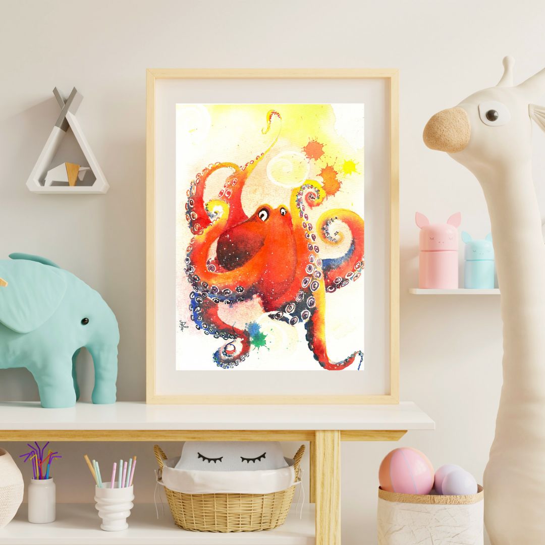 The artwork titled "Octopus" beautifully captures a vibrant orange-red octopus, playfully blowing bubbles. The octopus's limbs are elegantly curled and stretched, adding a sense of movement and liveliness to the piece.&nbsp;